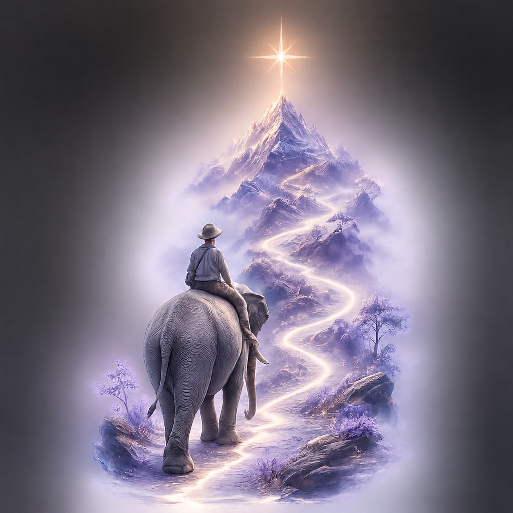A rider on an elephant follows a glowing mountain path toward the North Star.