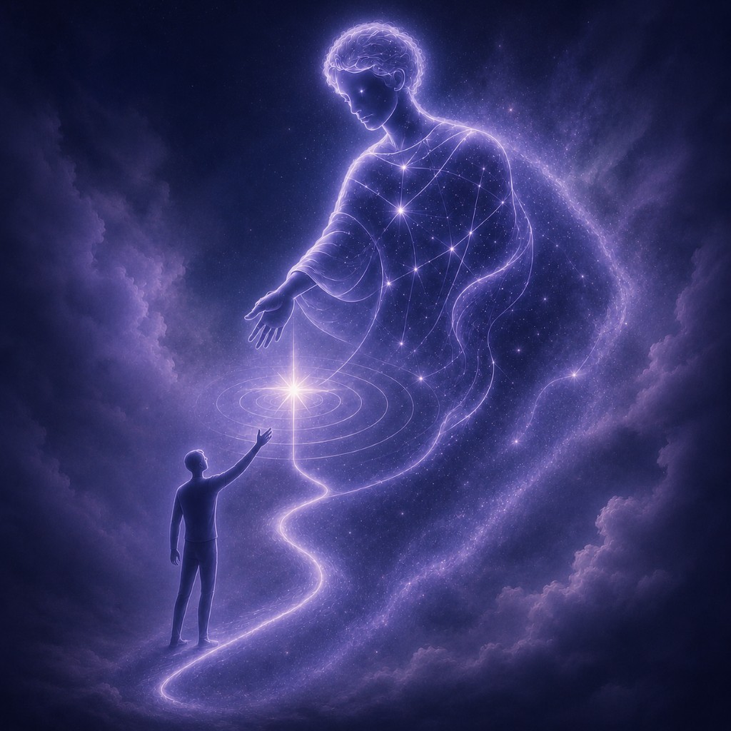 A present self reaches toward a luminous ideal future self formed from a glowing path and star field.